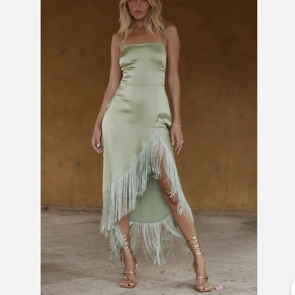 12th tribe sage fringe satin dress - Picture 1 of 4